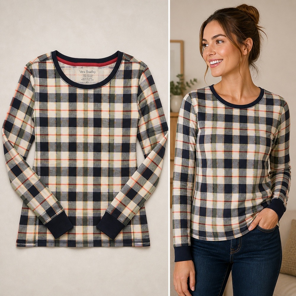 Vera Bradley Perfectly Plaid Ribbed‎ Long Sleeve Sleep T-Shirt XS 36220-14917XS